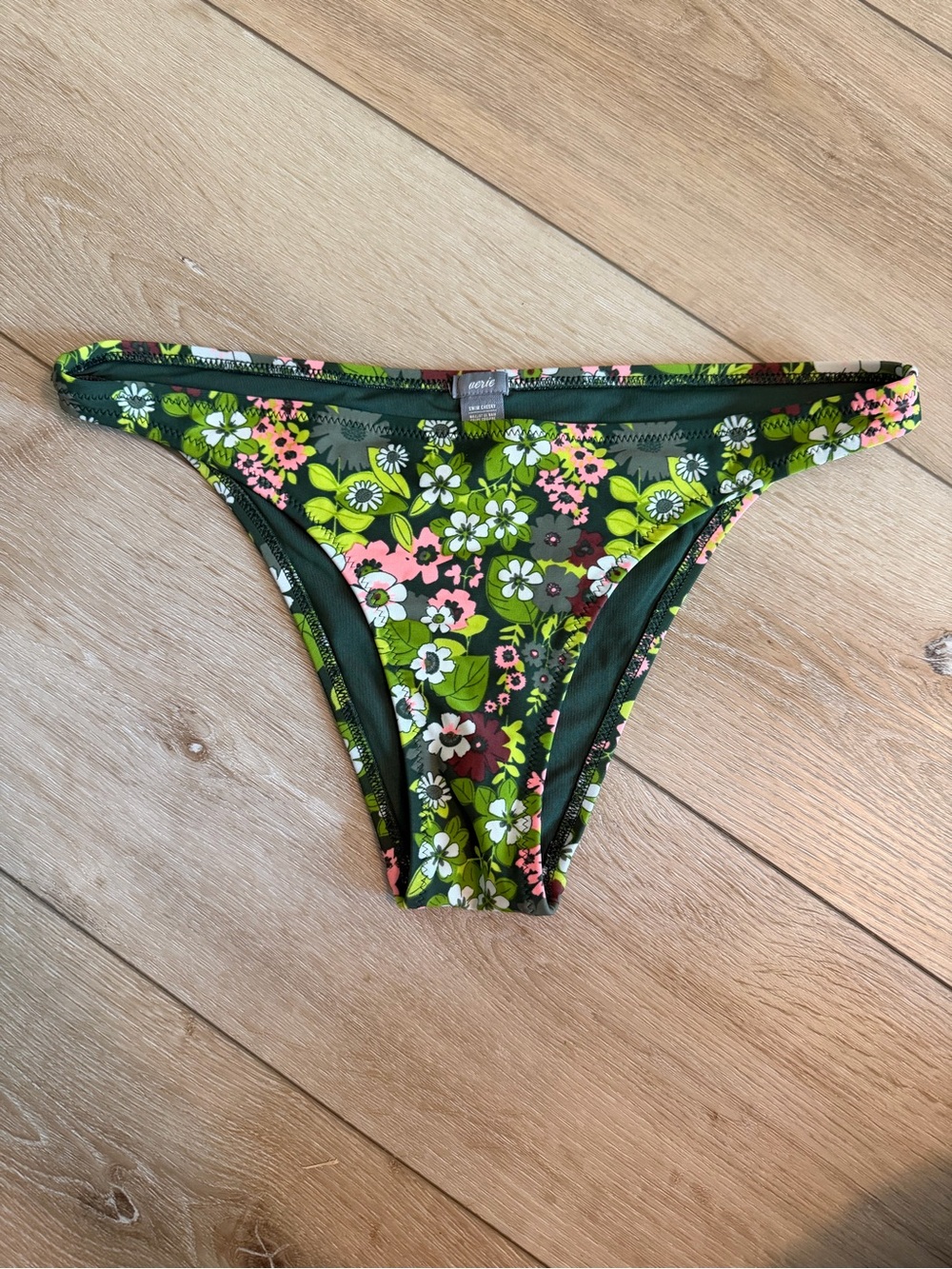 aerie Green Floral Bikini Bottom with Pink & White Blooms